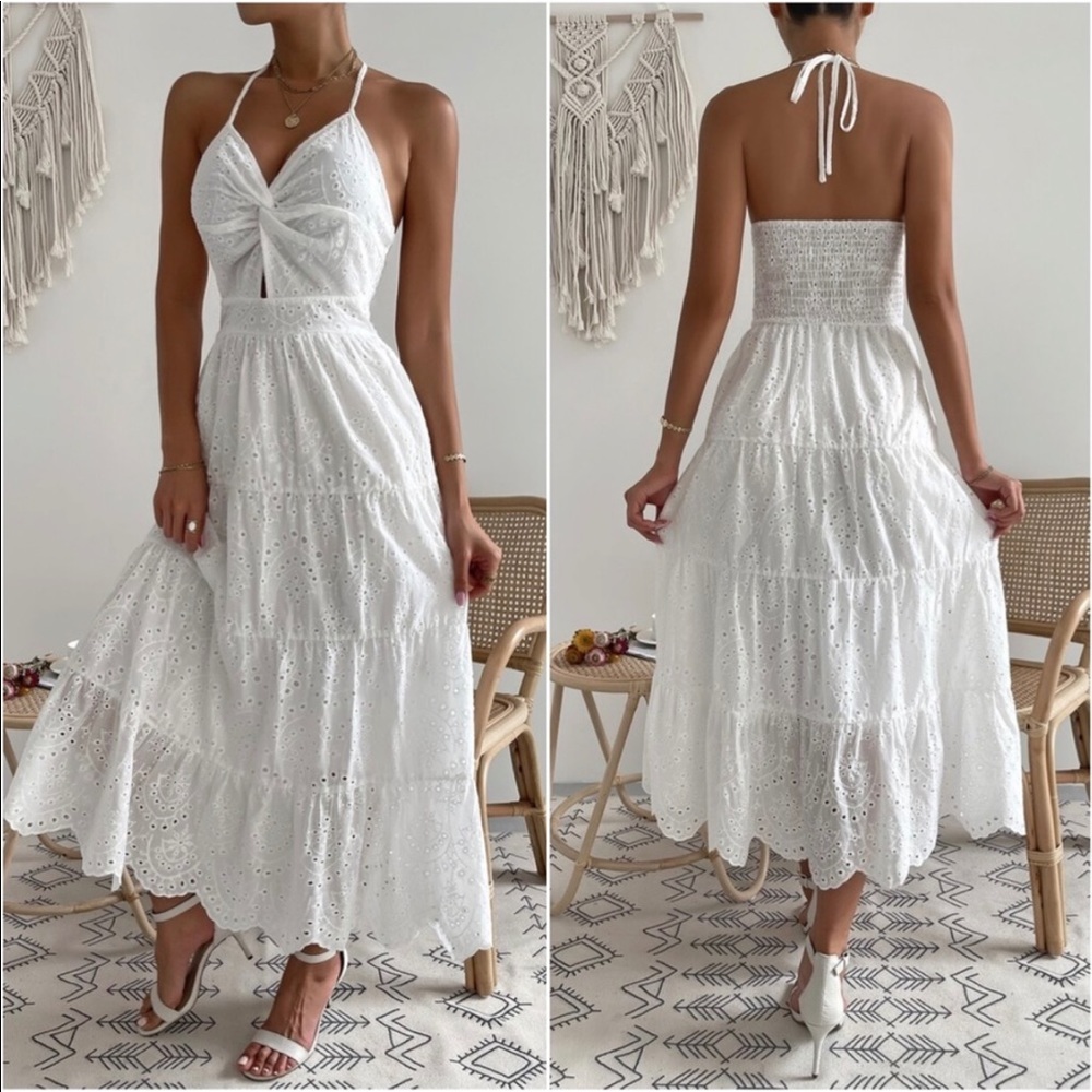 Boho White Floral Eyelet Halter Maxi Dress - Picture 5 of 8